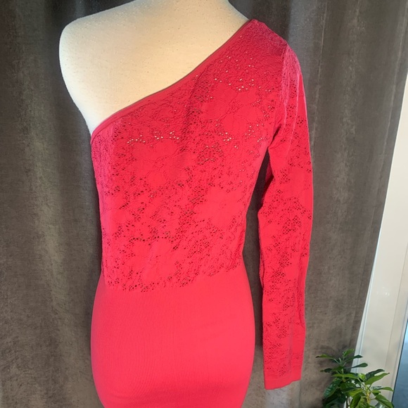 BCBG Generation, one shoulder body con dress with subtle floral cutout pattern. - Picture 2 of 2